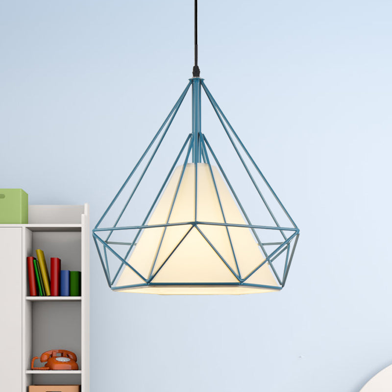 Retro Diamond Cage Hanging Lamp 10"/15" Dia 1 Light Metallic Pendant Light Fixture with Fabric Shade in Green/Yellow Clearhalo 'Ceiling Lights' 'Modern Pendants' 'Modern' 'Pendant Lights' 'Pendants' Lighting' 1207383