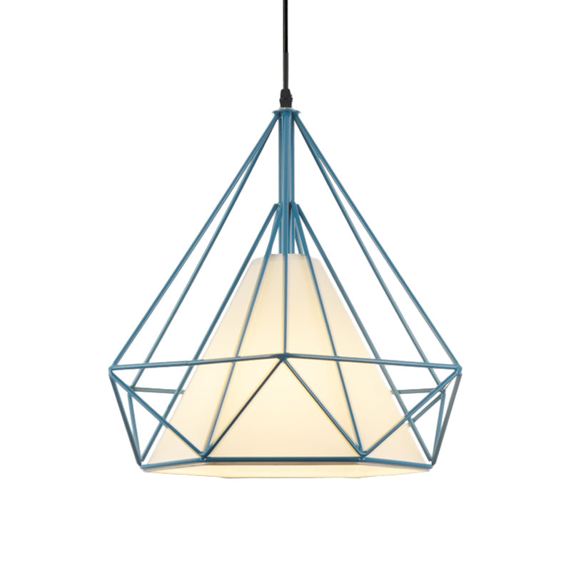 Retro Diamond Cage Hanging Lamp 10"/15" Dia 1 Light Metallic Pendant Light Fixture with Fabric Shade in Green/Yellow Clearhalo 'Ceiling Lights' 'Modern Pendants' 'Modern' 'Pendant Lights' 'Pendants' Lighting' 1207384