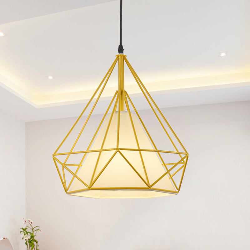 Retro Diamond Cage Hanging Lamp 10"/15" Dia 1 Light Metallic Pendant Light Fixture with Fabric Shade in Green/Yellow Yellow Clearhalo 'Ceiling Lights' 'Modern Pendants' 'Modern' 'Pendant Lights' 'Pendants' Lighting' 1207385