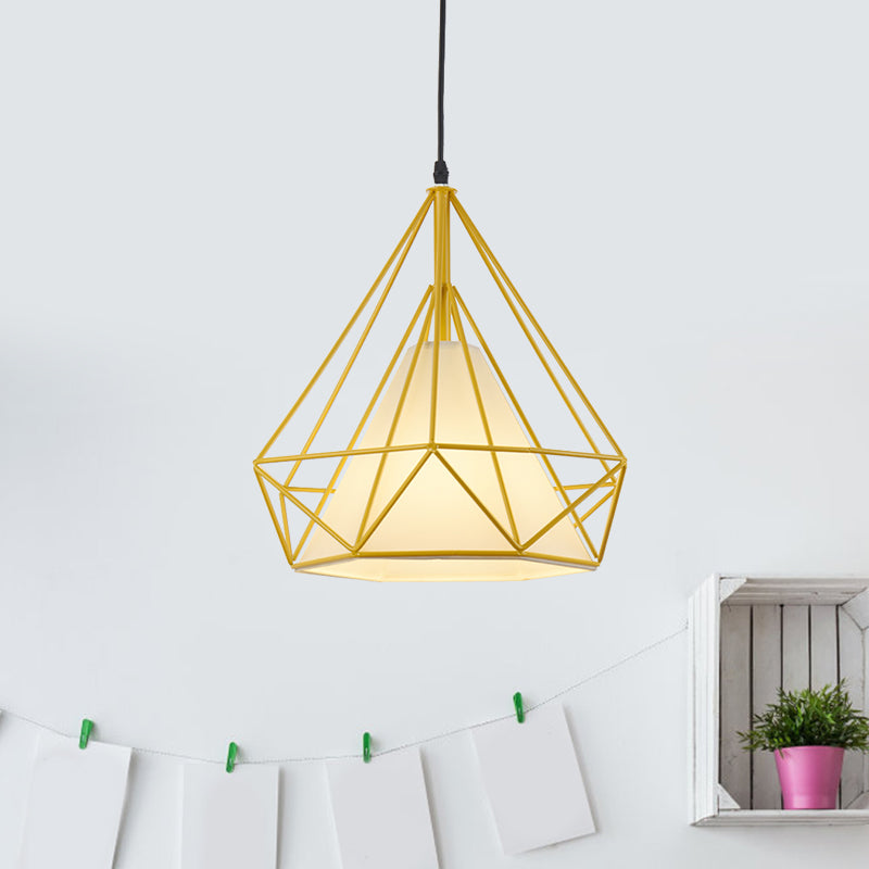 Retro Diamond Cage Hanging Lamp 10"/15" Dia 1 Light Metallic Pendant Light Fixture with Fabric Shade in Green/Yellow Clearhalo 'Ceiling Lights' 'Modern Pendants' 'Modern' 'Pendant Lights' 'Pendants' Lighting' 1207386