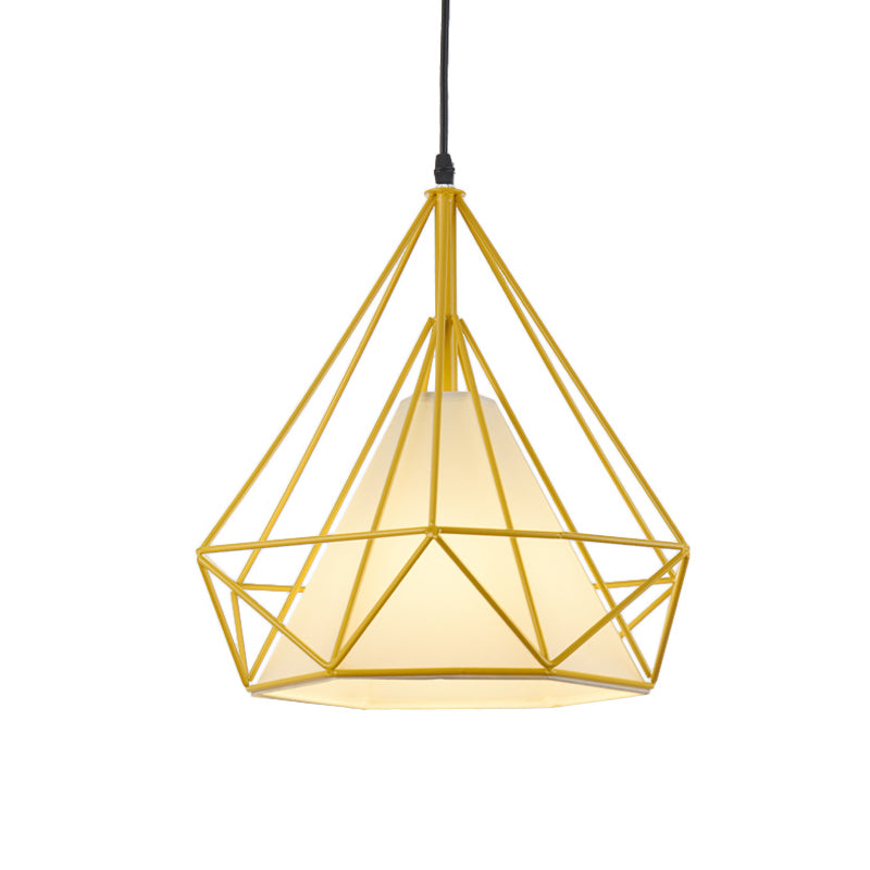 Retro Diamond Cage Hanging Lamp 10"/15" Dia 1 Light Metallic Pendant Light Fixture with Fabric Shade in Green/Yellow Clearhalo 'Ceiling Lights' 'Modern Pendants' 'Modern' 'Pendant Lights' 'Pendants' Lighting' 1207387