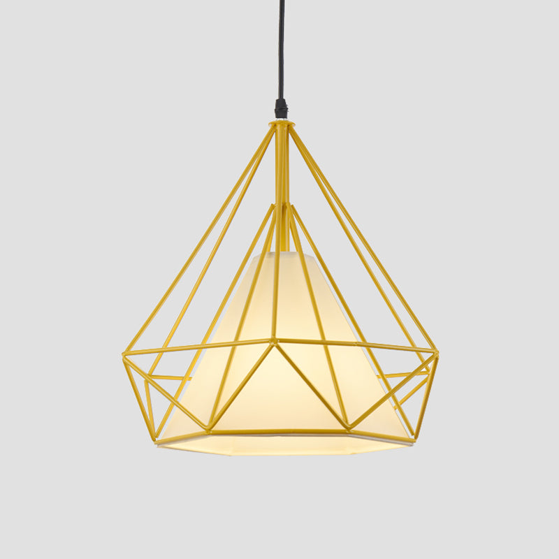 Retro Diamond Cage Hanging Lamp 10"/15" Dia 1 Light Metallic Pendant Light Fixture with Fabric Shade in Green/Yellow Clearhalo 'Ceiling Lights' 'Modern Pendants' 'Modern' 'Pendant Lights' 'Pendants' Lighting' 1207388