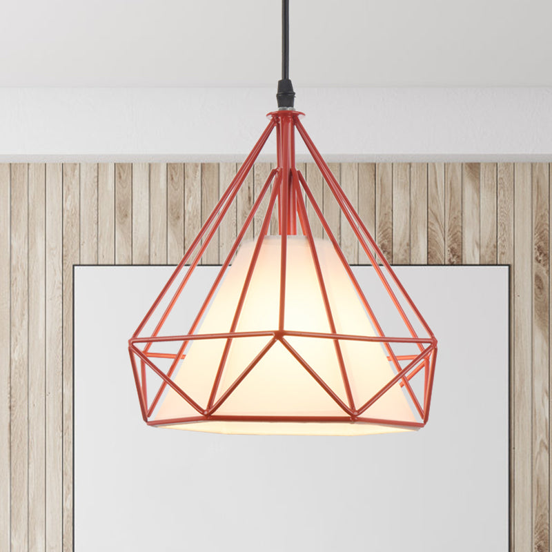 Retro Diamond Cage Hanging Lamp 10"/15" Dia 1 Light Metallic Pendant Light Fixture with Fabric Shade in Green/Yellow Red Clearhalo 'Ceiling Lights' 'Modern Pendants' 'Modern' 'Pendant Lights' 'Pendants' Lighting' 1207389