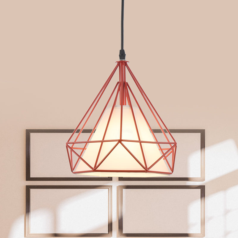 Retro Diamond Cage Hanging Lamp 10"/15" Dia 1 Light Metallic Pendant Light Fixture with Fabric Shade in Green/Yellow Clearhalo 'Ceiling Lights' 'Modern Pendants' 'Modern' 'Pendant Lights' 'Pendants' Lighting' 1207390