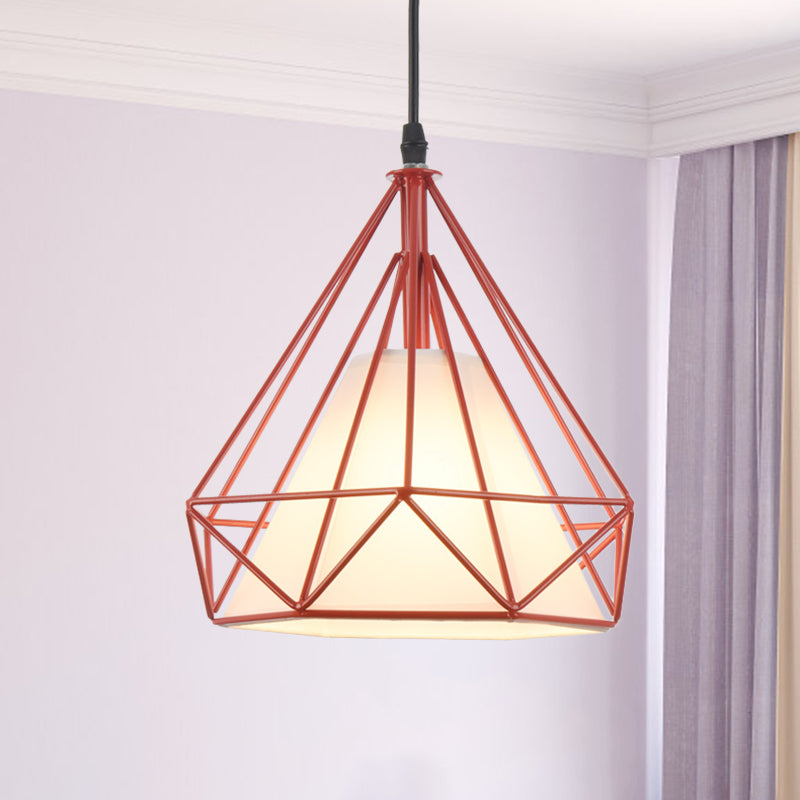 Retro Diamond Cage Hanging Lamp 10"/15" Dia 1 Light Metallic Pendant Light Fixture with Fabric Shade in Green/Yellow Clearhalo 'Ceiling Lights' 'Modern Pendants' 'Modern' 'Pendant Lights' 'Pendants' Lighting' 1207391