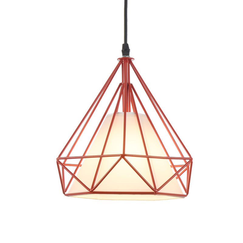 Retro Diamond Cage Hanging Lamp 10"/15" Dia 1 Light Metallic Pendant Light Fixture with Fabric Shade in Green/Yellow Clearhalo 'Ceiling Lights' 'Modern Pendants' 'Modern' 'Pendant Lights' 'Pendants' Lighting' 1207392