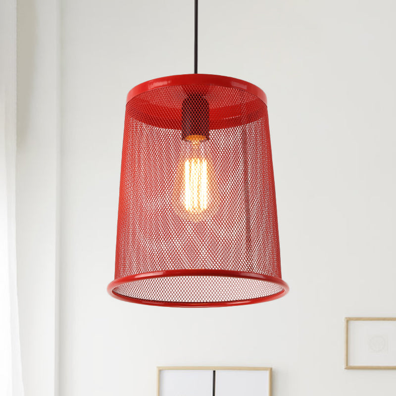 Silver/Red Cylinder Pendant Light Vintage Stylish 1 Bulb Dining Room Hanging Lamp with Mesh Cage Shade Red Clearhalo 'Art Deco Pendants' 'Cast Iron' 'Ceiling Lights' 'Ceramic' 'Crystal' 'Industrial Pendants' 'Industrial' 'Metal' 'Middle Century Pendants' 'Pendant Lights' 'Pendants' 'Tiffany' Lighting' 1207430