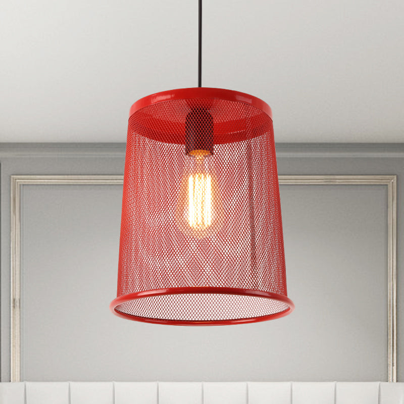 Silver/Red Cylinder Pendant Light Vintage Stylish 1 Bulb Dining Room Hanging Lamp with Mesh Cage Shade Clearhalo 'Art Deco Pendants' 'Cast Iron' 'Ceiling Lights' 'Ceramic' 'Crystal' 'Industrial Pendants' 'Industrial' 'Metal' 'Middle Century Pendants' 'Pendant Lights' 'Pendants' 'Tiffany' Lighting' 1207432