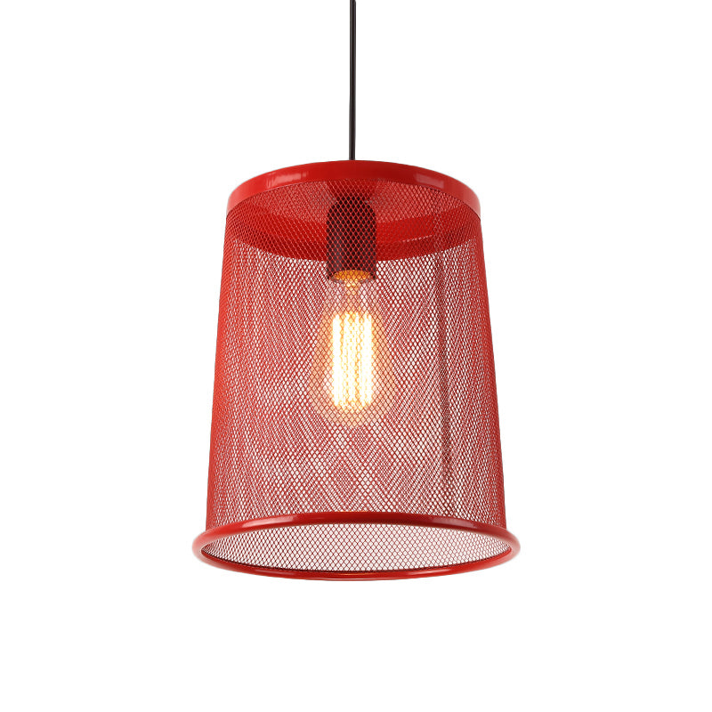 Silver/Red Cylinder Pendant Light Vintage Stylish 1 Bulb Dining Room Hanging Lamp with Mesh Cage Shade Clearhalo 'Art Deco Pendants' 'Cast Iron' 'Ceiling Lights' 'Ceramic' 'Crystal' 'Industrial Pendants' 'Industrial' 'Metal' 'Middle Century Pendants' 'Pendant Lights' 'Pendants' 'Tiffany' Lighting' 1207433