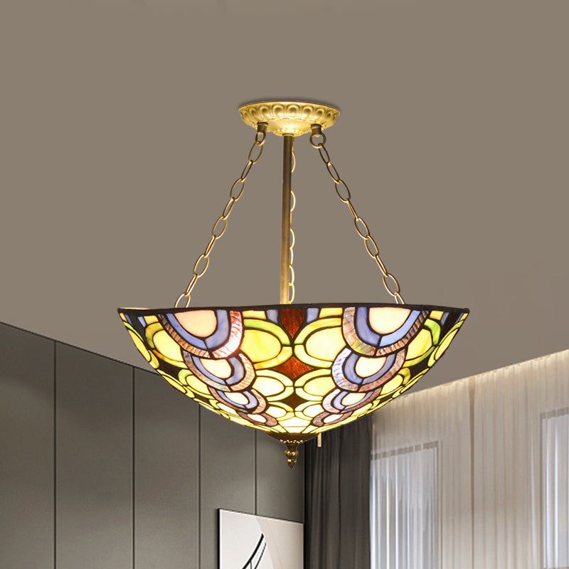 Multi-Colored Bowl Chandelier Tiffany Stained Glass Pendant Light for Living Room Clearhalo 'Ceiling Lights' 'Close To Ceiling Lights' 'Close to ceiling' 'Semi-flushmount' Lighting' 1207524