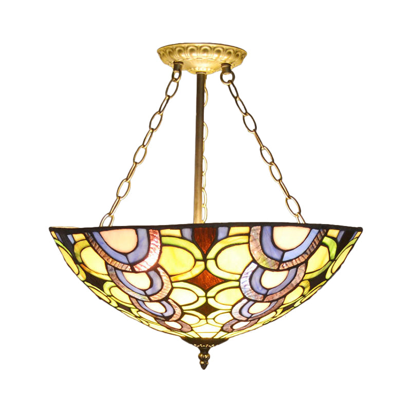 Multi-Colored Bowl Chandelier Tiffany Stained Glass Pendant Light for Living Room Clearhalo 'Ceiling Lights' 'Close To Ceiling Lights' 'Close to ceiling' 'Semi-flushmount' Lighting' 1207525