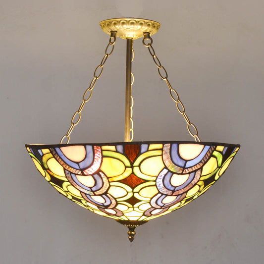 Multi-Colored Bowl Chandelier Tiffany Stained Glass Pendant Light for Living Room Clearhalo 'Ceiling Lights' 'Close To Ceiling Lights' 'Close to ceiling' 'Semi-flushmount' Lighting' 1207526