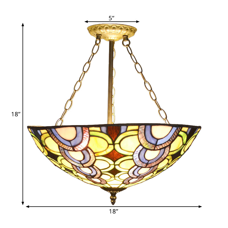 Multi-Colored Bowl Chandelier Tiffany Stained Glass Pendant Light for Living Room Clearhalo 'Ceiling Lights' 'Close To Ceiling Lights' 'Close to ceiling' 'Semi-flushmount' Lighting' 1207527