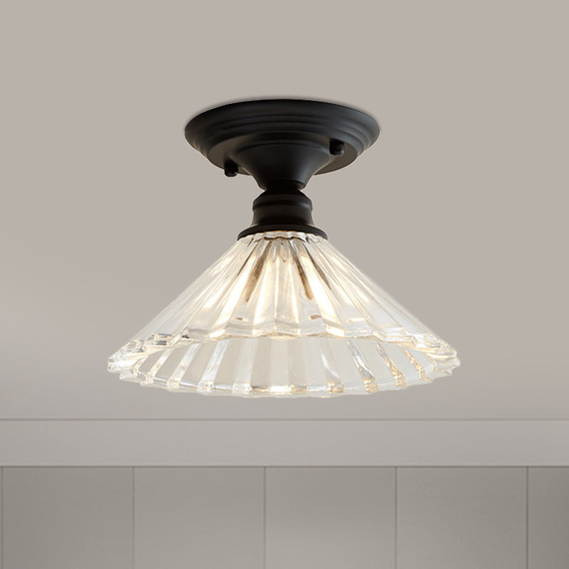 One Light Wavy/Wide Flare Semi-Flush Mount Light Industrial Black Clear Textured Glass Lighting Fixture Black Wavy Clearhalo 'Ceiling Lights' 'Close To Ceiling Lights' 'Close to ceiling' 'Glass shade' 'Glass' 'Semi-flushmount' Lighting' 1207573
