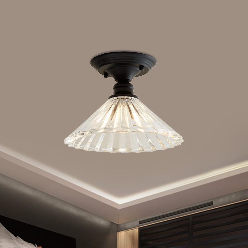 One Light Wavy/Wide Flare Semi-Flush Mount Light Industrial Black Clear Textured Glass Lighting Fixture Clearhalo 'Ceiling Lights' 'Close To Ceiling Lights' 'Close to ceiling' 'Glass shade' 'Glass' 'Semi-flushmount' Lighting' 1207574