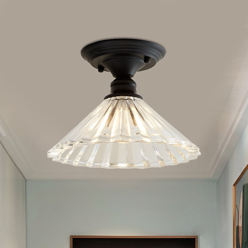 One Light Wavy/Wide Flare Semi-Flush Mount Light Industrial Black Clear Textured Glass Lighting Fixture Clearhalo 'Ceiling Lights' 'Close To Ceiling Lights' 'Close to ceiling' 'Glass shade' 'Glass' 'Semi-flushmount' Lighting' 1207575