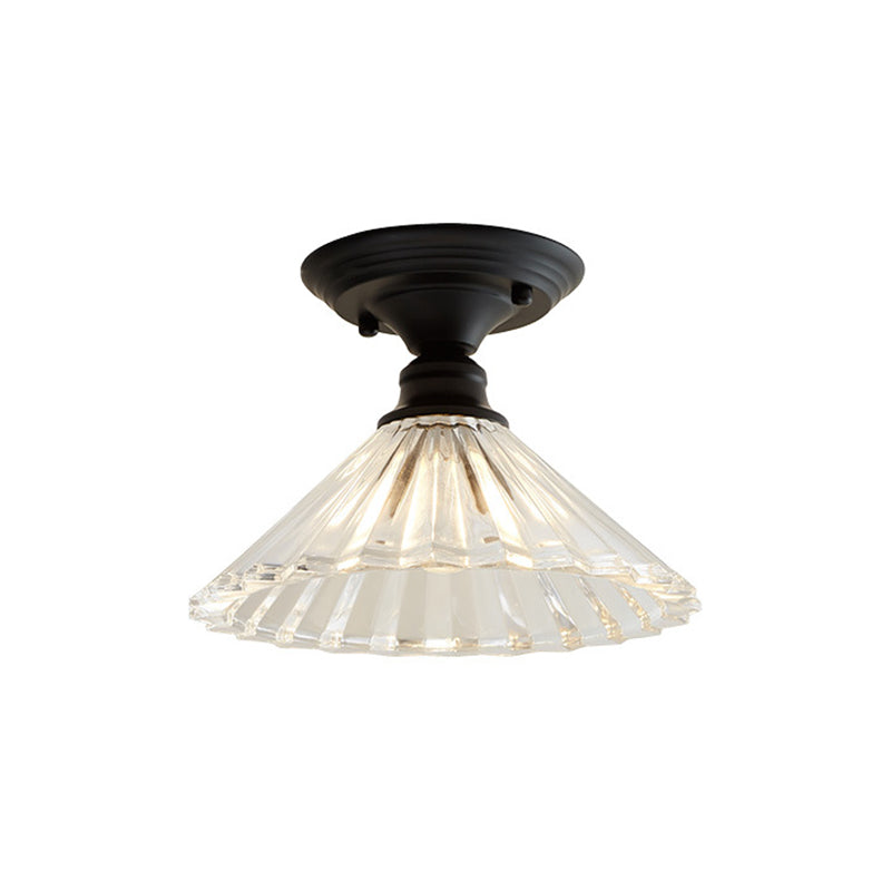 One Light Wavy/Wide Flare Semi-Flush Mount Light Industrial Black Clear Textured Glass Lighting Fixture Clearhalo 'Ceiling Lights' 'Close To Ceiling Lights' 'Close to ceiling' 'Glass shade' 'Glass' 'Semi-flushmount' Lighting' 1207576