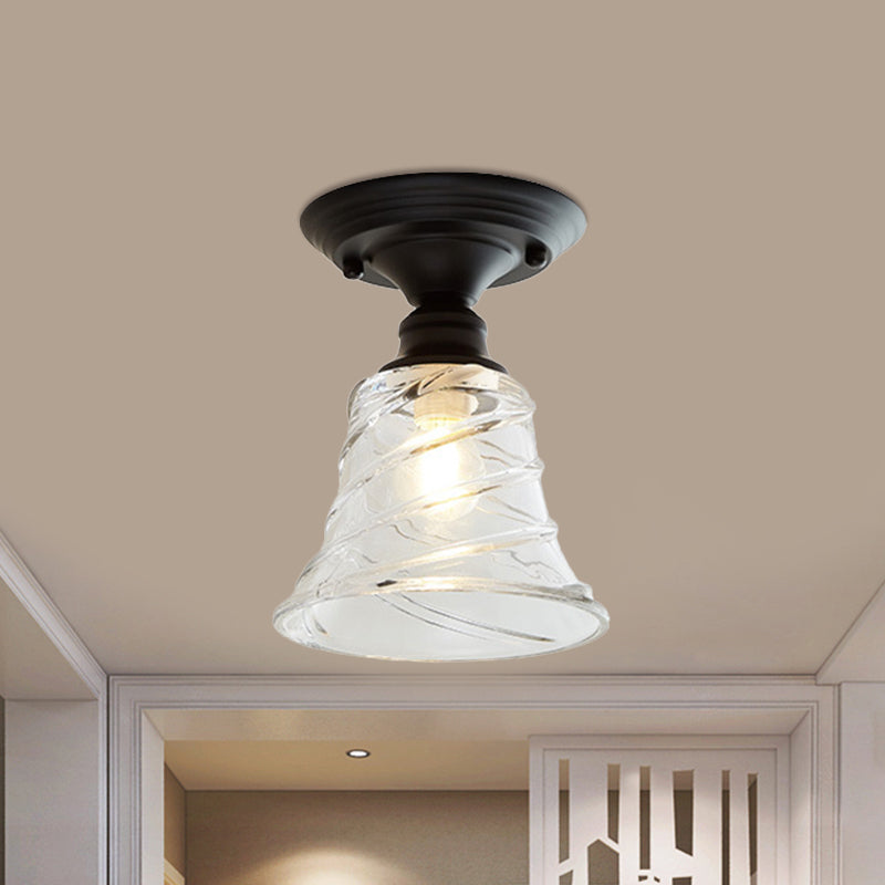 One Light Wavy/Wide Flare Semi-Flush Mount Light Industrial Black Clear Textured Glass Lighting Fixture Black Wide Flare Clearhalo 'Ceiling Lights' 'Close To Ceiling Lights' 'Close to ceiling' 'Glass shade' 'Glass' 'Semi-flushmount' Lighting' 1207578