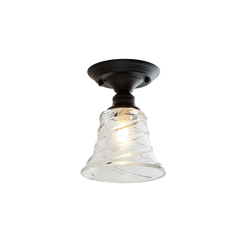 One Light Wavy/Wide Flare Semi-Flush Mount Light Industrial Black Clear Textured Glass Lighting Fixture Clearhalo 'Ceiling Lights' 'Close To Ceiling Lights' 'Close to ceiling' 'Glass shade' 'Glass' 'Semi-flushmount' Lighting' 1207580