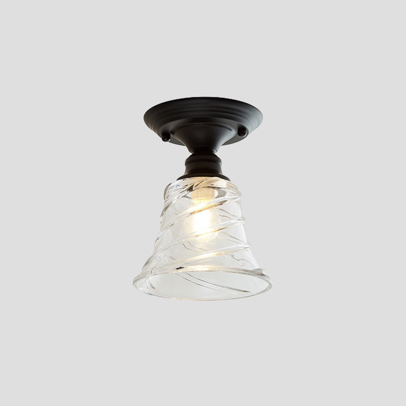 One Light Wavy/Wide Flare Semi-Flush Mount Light Industrial Black Clear Textured Glass Lighting Fixture Clearhalo 'Ceiling Lights' 'Close To Ceiling Lights' 'Close to ceiling' 'Glass shade' 'Glass' 'Semi-flushmount' Lighting' 1207581