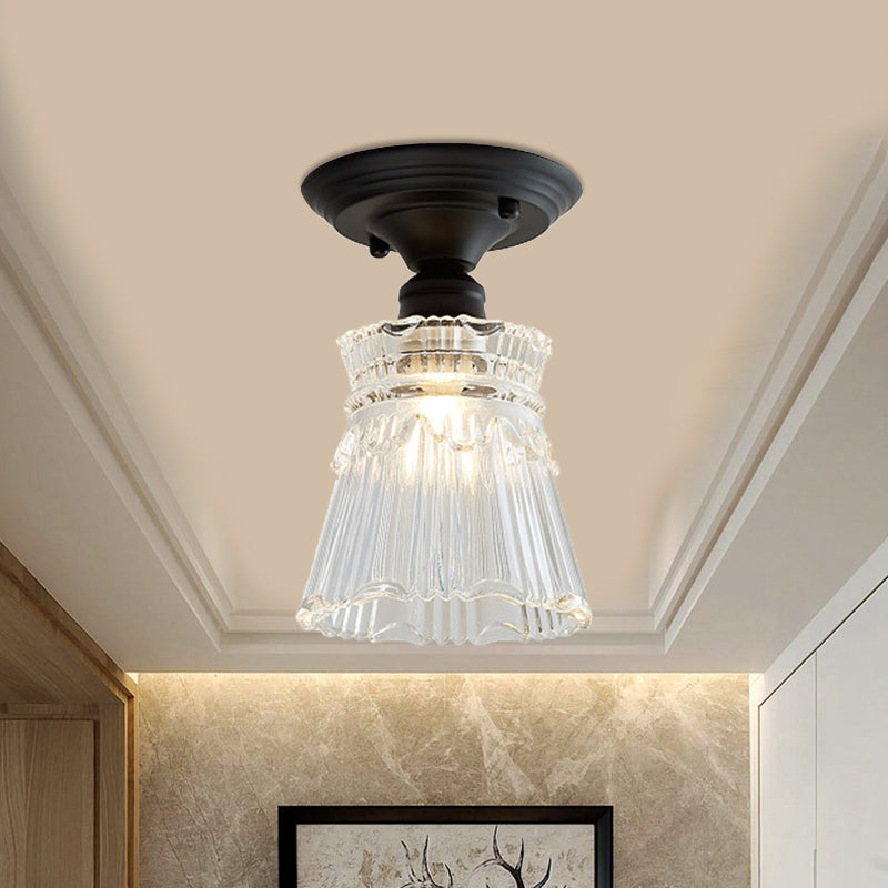 One Light Wavy/Wide Flare Semi-Flush Mount Light Industrial Black Clear Textured Glass Lighting Fixture Black C Clearhalo 'Ceiling Lights' 'Close To Ceiling Lights' 'Close to ceiling' 'Glass shade' 'Glass' 'Semi-flushmount' Lighting' 1207583