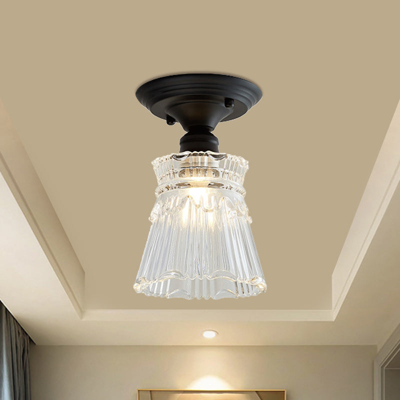 One Light Wavy/Wide Flare Semi-Flush Mount Light Industrial Black Clear Textured Glass Lighting Fixture Clearhalo 'Ceiling Lights' 'Close To Ceiling Lights' 'Close to ceiling' 'Glass shade' 'Glass' 'Semi-flushmount' Lighting' 1207585