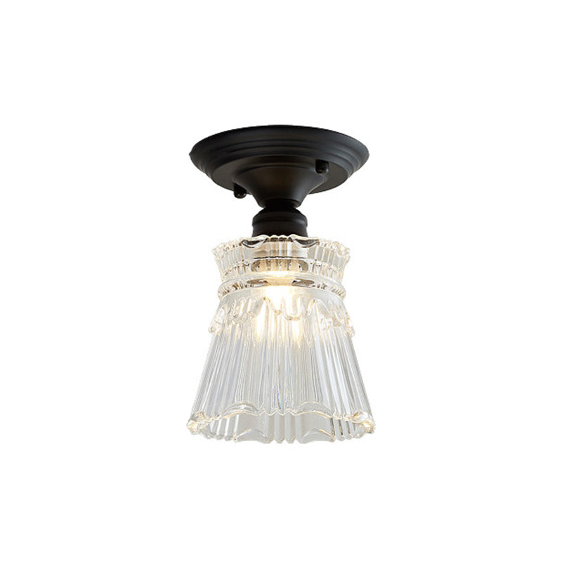 One Light Wavy/Wide Flare Semi-Flush Mount Light Industrial Black Clear Textured Glass Lighting Fixture Clearhalo 'Ceiling Lights' 'Close To Ceiling Lights' 'Close to ceiling' 'Glass shade' 'Glass' 'Semi-flushmount' Lighting' 1207586
