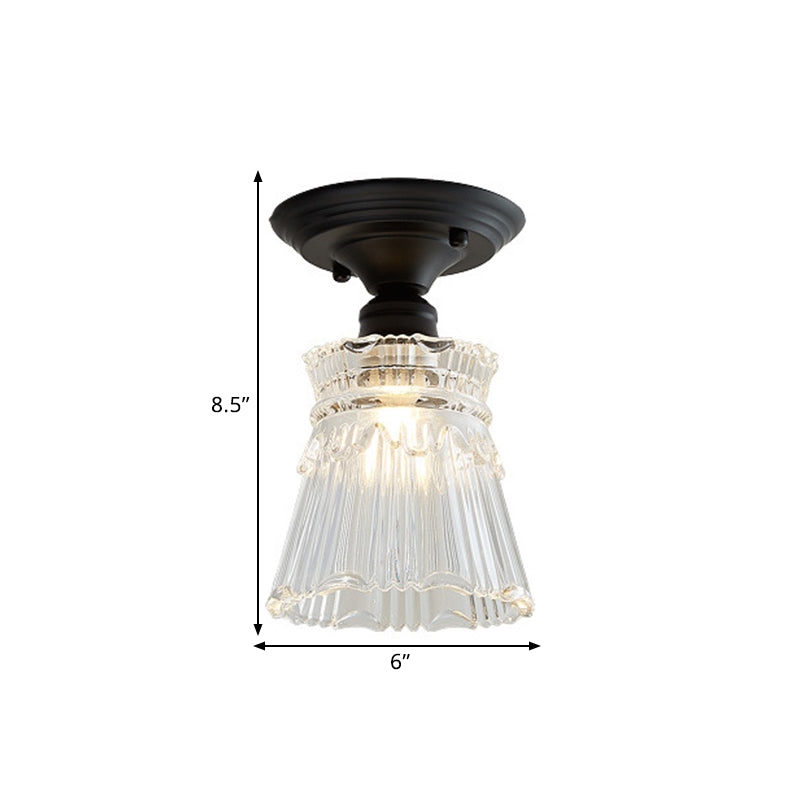 One Light Wavy/Wide Flare Semi-Flush Mount Light Industrial Black Clear Textured Glass Lighting Fixture Clearhalo 'Ceiling Lights' 'Close To Ceiling Lights' 'Close to ceiling' 'Glass shade' 'Glass' 'Semi-flushmount' Lighting' 1207587