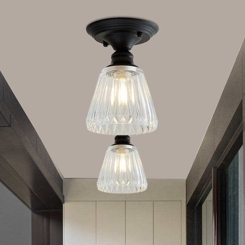 One Light Wavy/Wide Flare Semi-Flush Mount Light Industrial Black Clear Textured Glass Lighting Fixture Black B Clearhalo 'Ceiling Lights' 'Close To Ceiling Lights' 'Close to ceiling' 'Glass shade' 'Glass' 'Semi-flushmount' Lighting' 1207588