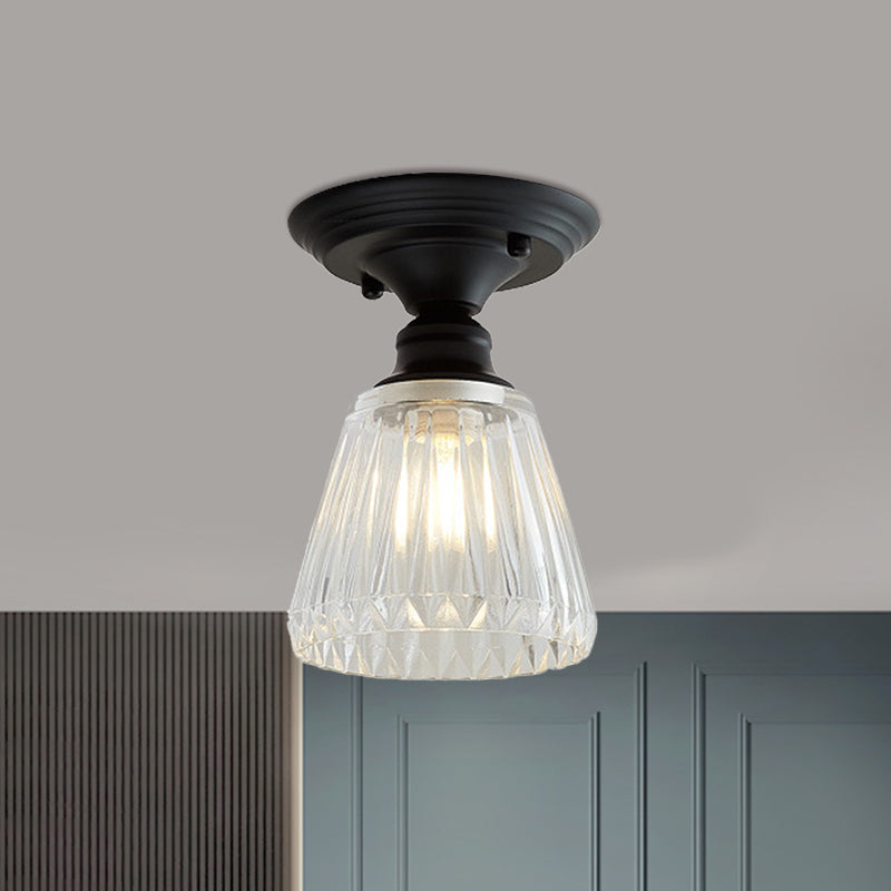 One Light Wavy/Wide Flare Semi-Flush Mount Light Industrial Black Clear Textured Glass Lighting Fixture Clearhalo 'Ceiling Lights' 'Close To Ceiling Lights' 'Close to ceiling' 'Glass shade' 'Glass' 'Semi-flushmount' Lighting' 1207589