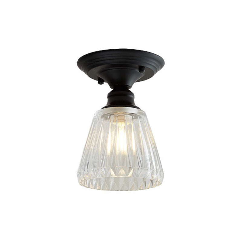 One Light Wavy/Wide Flare Semi-Flush Mount Light Industrial Black Clear Textured Glass Lighting Fixture Clearhalo 'Ceiling Lights' 'Close To Ceiling Lights' 'Close to ceiling' 'Glass shade' 'Glass' 'Semi-flushmount' Lighting' 1207590
