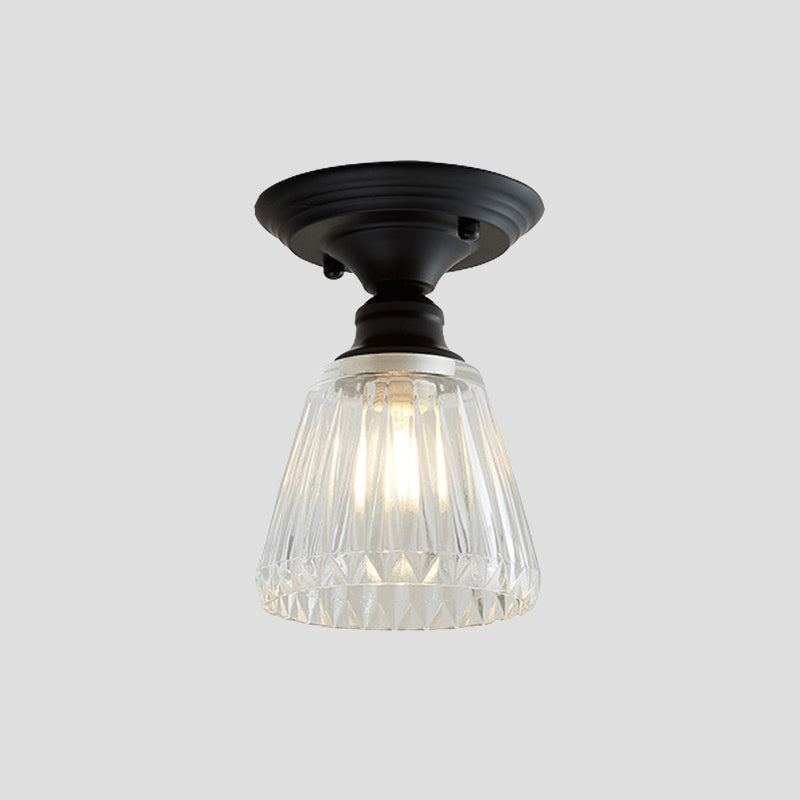 One Light Wavy/Wide Flare Semi-Flush Mount Light Industrial Black Clear Textured Glass Lighting Fixture Clearhalo 'Ceiling Lights' 'Close To Ceiling Lights' 'Close to ceiling' 'Glass shade' 'Glass' 'Semi-flushmount' Lighting' 1207591