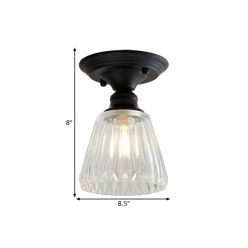 One Light Wavy/Wide Flare Semi-Flush Mount Light Industrial Black Clear Textured Glass Lighting Fixture Clearhalo 'Ceiling Lights' 'Close To Ceiling Lights' 'Close to ceiling' 'Glass shade' 'Glass' 'Semi-flushmount' Lighting' 1207592