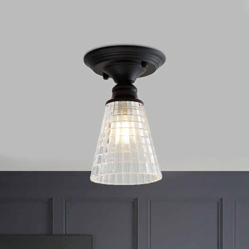 One Light Wavy/Wide Flare Semi-Flush Mount Light Industrial Black Clear Textured Glass Lighting Fixture Black A Clearhalo 'Ceiling Lights' 'Close To Ceiling Lights' 'Close to ceiling' 'Glass shade' 'Glass' 'Semi-flushmount' Lighting' 1207593