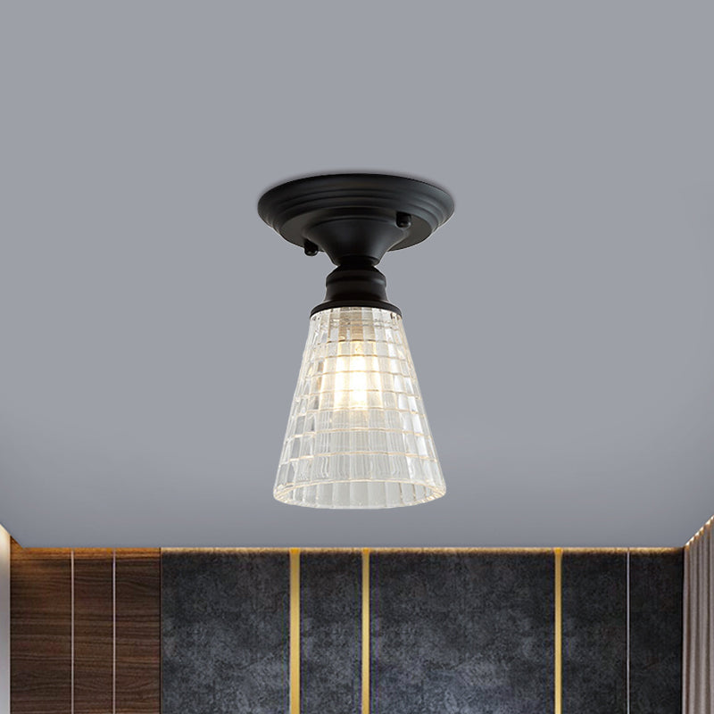 One Light Wavy/Wide Flare Semi-Flush Mount Light Industrial Black Clear Textured Glass Lighting Fixture Clearhalo 'Ceiling Lights' 'Close To Ceiling Lights' 'Close to ceiling' 'Glass shade' 'Glass' 'Semi-flushmount' Lighting' 1207594