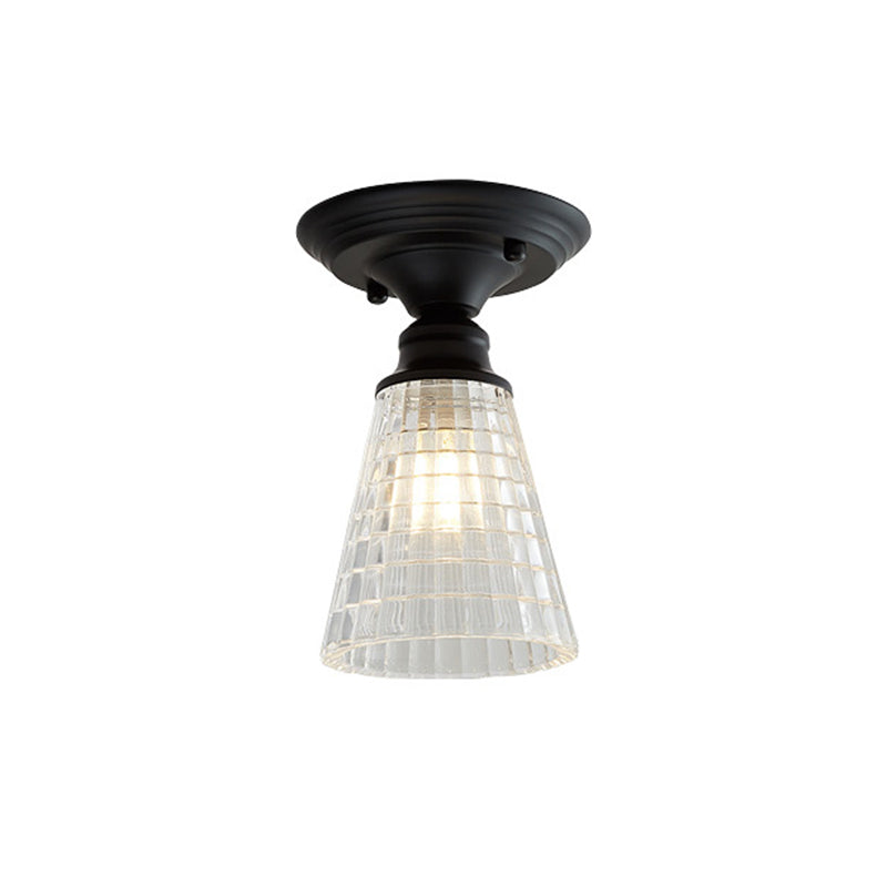 One Light Wavy/Wide Flare Semi-Flush Mount Light Industrial Black Clear Textured Glass Lighting Fixture Clearhalo 'Ceiling Lights' 'Close To Ceiling Lights' 'Close to ceiling' 'Glass shade' 'Glass' 'Semi-flushmount' Lighting' 1207596
