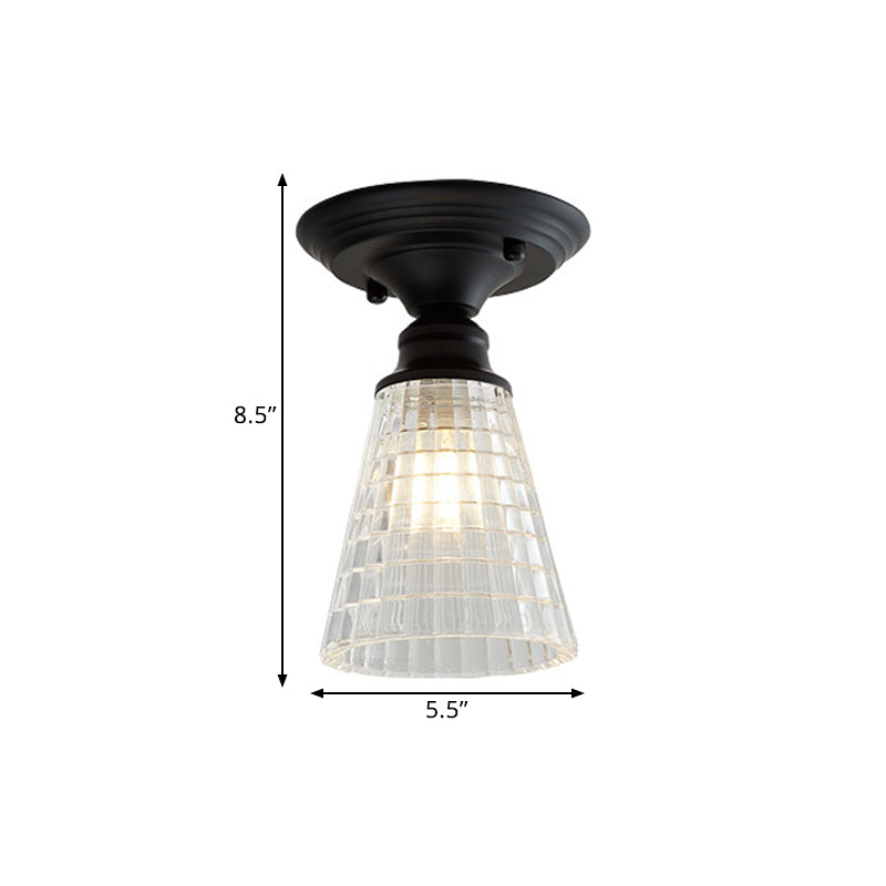 One Light Wavy/Wide Flare Semi-Flush Mount Light Industrial Black Clear Textured Glass Lighting Fixture Clearhalo 'Ceiling Lights' 'Close To Ceiling Lights' 'Close to ceiling' 'Glass shade' 'Glass' 'Semi-flushmount' Lighting' 1207597