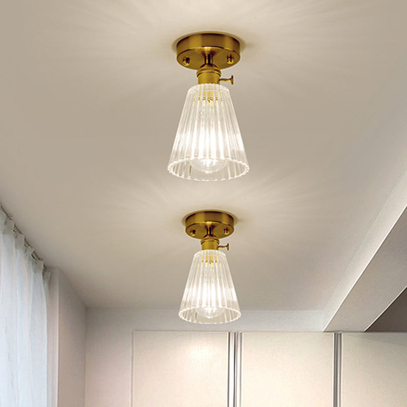 Cone/Cylinder/Bell Corridor Semi Flush Industrial Clear Textured Glass Single Light Gold Ceiling Lighting Gold A Clearhalo 'Ceiling Lights' 'Close To Ceiling Lights' 'Close to ceiling' 'Semi-flushmount' Lighting' 1207598