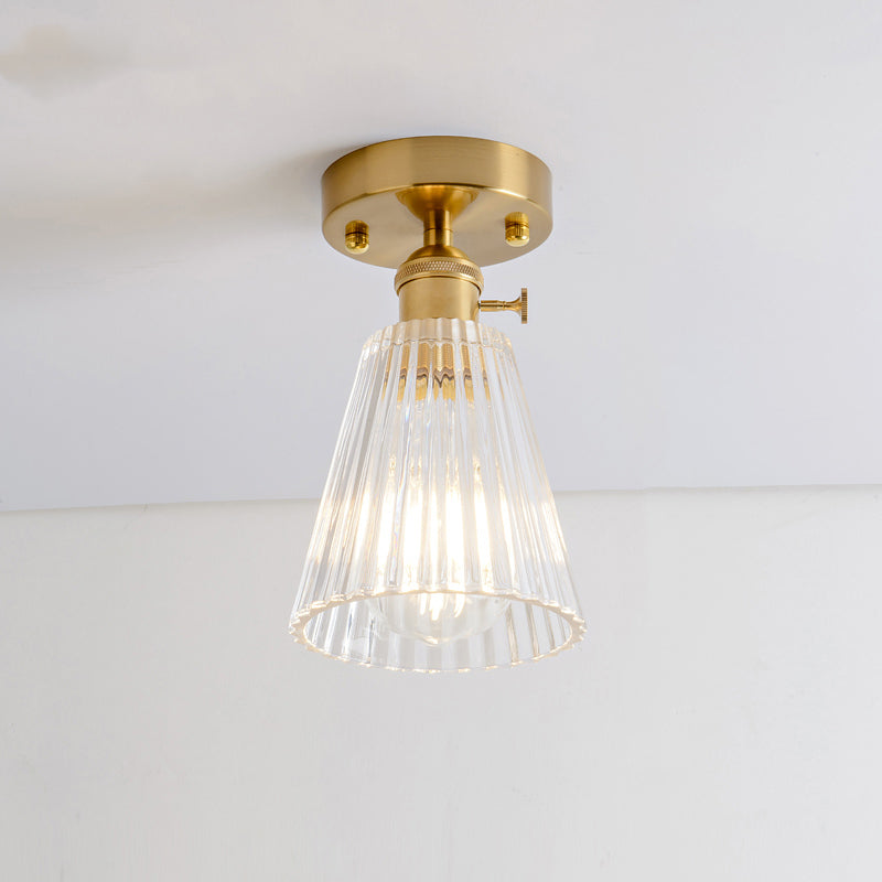 Cone/Cylinder/Bell Corridor Semi Flush Industrial Clear Textured Glass Single Light Gold Ceiling Lighting Clearhalo 'Ceiling Lights' 'Close To Ceiling Lights' 'Close to ceiling' 'Semi-flushmount' Lighting' 1207599