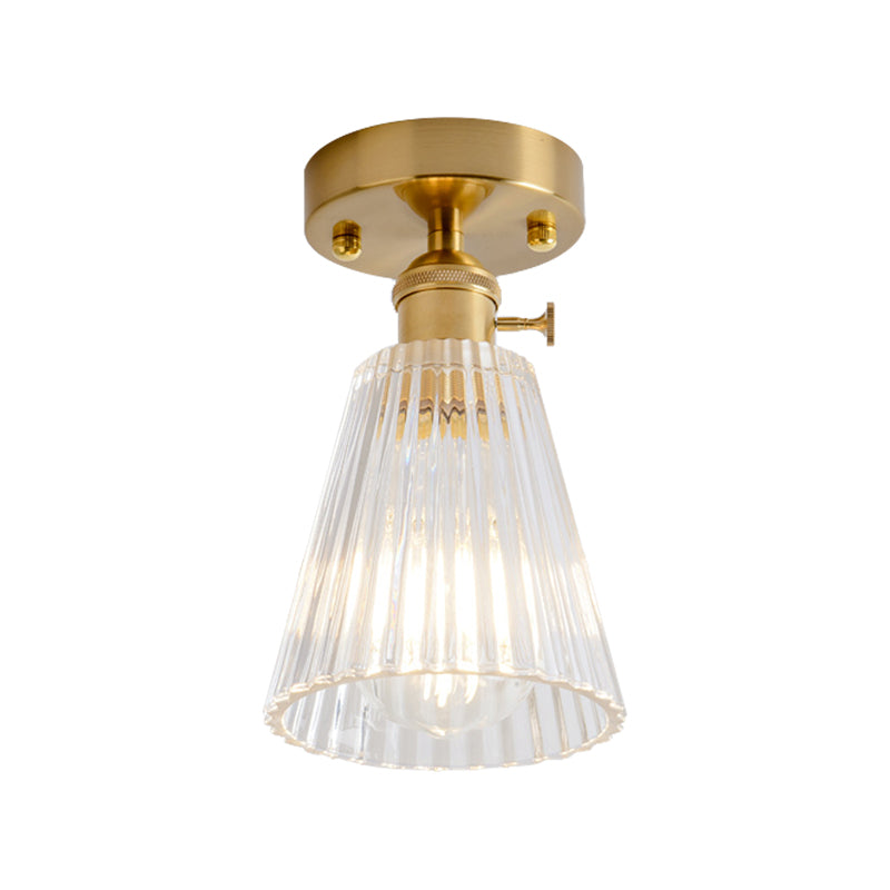 Cone/Cylinder/Bell Corridor Semi Flush Industrial Clear Textured Glass Single Light Gold Ceiling Lighting Clearhalo 'Ceiling Lights' 'Close To Ceiling Lights' 'Close to ceiling' 'Semi-flushmount' Lighting' 1207600