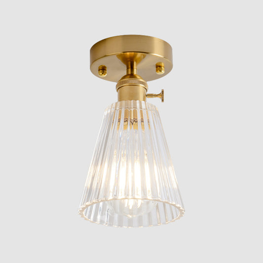 Cone/Cylinder/Bell Corridor Semi Flush Industrial Clear Textured Glass Single Light Gold Ceiling Lighting Clearhalo 'Ceiling Lights' 'Close To Ceiling Lights' 'Close to ceiling' 'Semi-flushmount' Lighting' 1207601