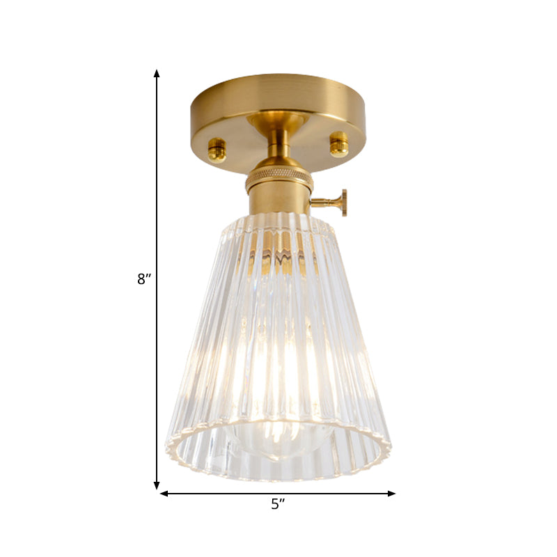 Cone/Cylinder/Bell Corridor Semi Flush Industrial Clear Textured Glass Single Light Gold Ceiling Lighting Clearhalo 'Ceiling Lights' 'Close To Ceiling Lights' 'Close to ceiling' 'Semi-flushmount' Lighting' 1207602