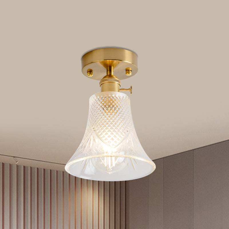 Cone/Cylinder/Bell Corridor Semi Flush Industrial Clear Textured Glass Single Light Gold Ceiling Lighting Gold G Clearhalo 'Ceiling Lights' 'Close To Ceiling Lights' 'Close to ceiling' 'Semi-flushmount' Lighting' 1207603