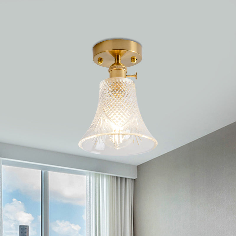 Cone/Cylinder/Bell Corridor Semi Flush Industrial Clear Textured Glass Single Light Gold Ceiling Lighting Clearhalo 'Ceiling Lights' 'Close To Ceiling Lights' 'Close to ceiling' 'Semi-flushmount' Lighting' 1207604