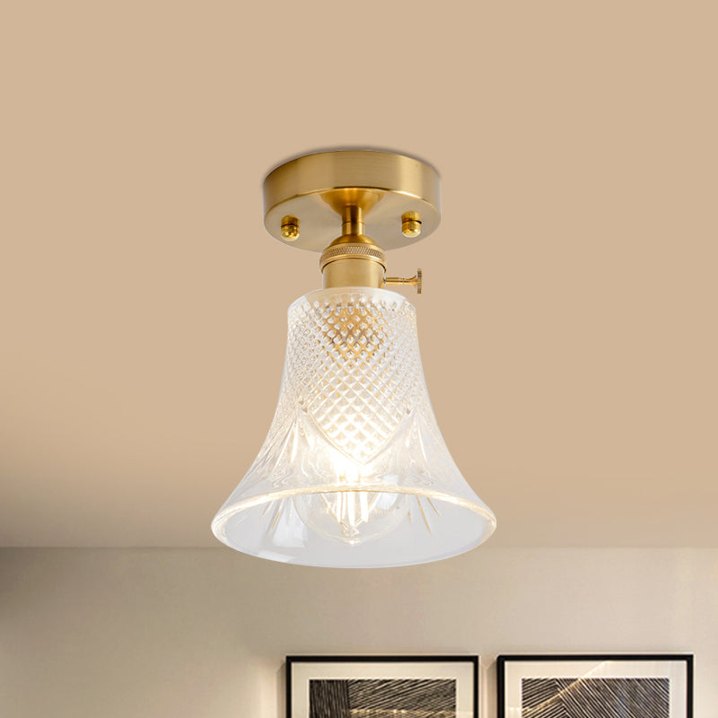 Cone/Cylinder/Bell Corridor Semi Flush Industrial Clear Textured Glass Single Light Gold Ceiling Lighting Clearhalo 'Ceiling Lights' 'Close To Ceiling Lights' 'Close to ceiling' 'Semi-flushmount' Lighting' 1207605