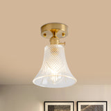 Cone/Cylinder/Bell Corridor Semi Flush Industrial Clear Textured Glass Single Light Gold Ceiling Lighting Clearhalo 'Ceiling Lights' 'Close To Ceiling Lights' 'Close to ceiling' 'Semi-flushmount' Lighting' 1207605