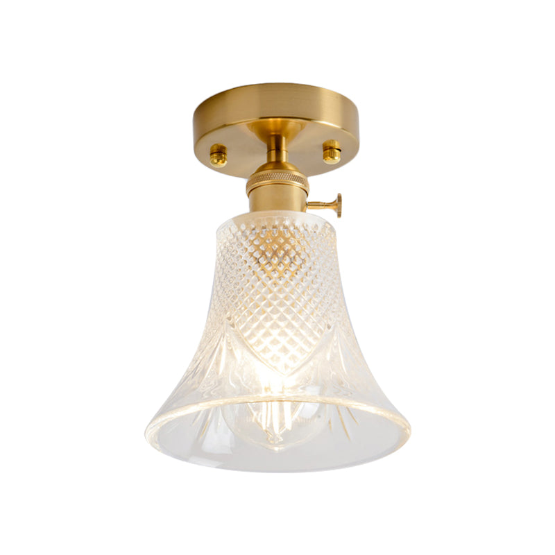 Cone/Cylinder/Bell Corridor Semi Flush Industrial Clear Textured Glass Single Light Gold Ceiling Lighting Clearhalo 'Ceiling Lights' 'Close To Ceiling Lights' 'Close to ceiling' 'Semi-flushmount' Lighting' 1207606