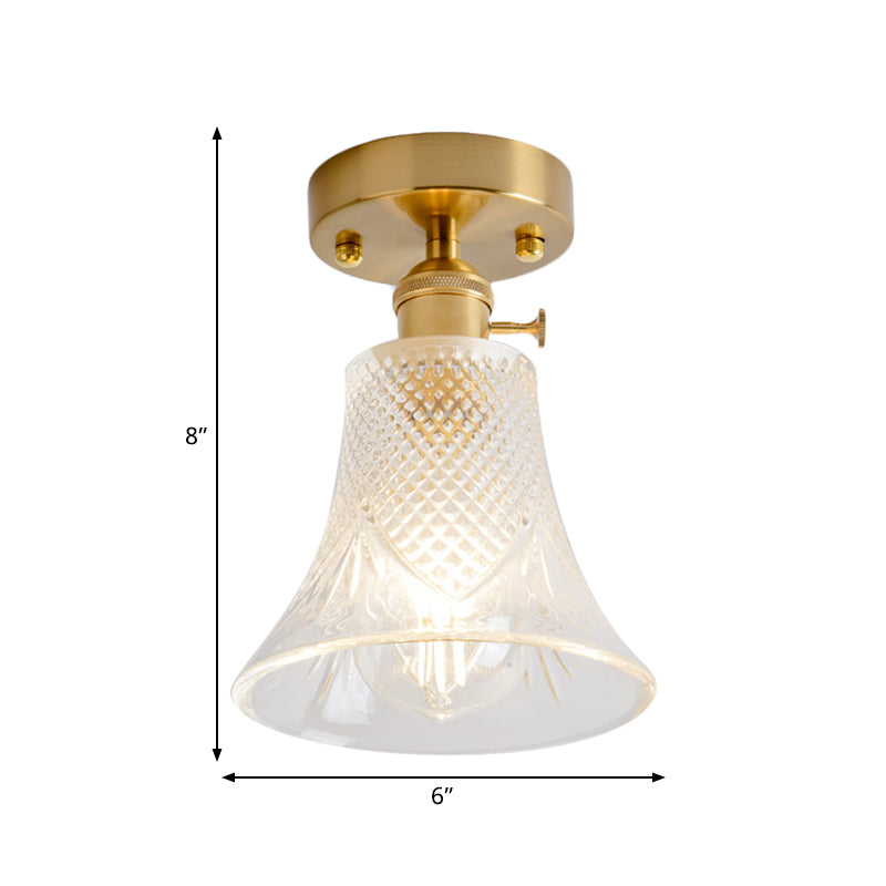 Cone/Cylinder/Bell Corridor Semi Flush Industrial Clear Textured Glass Single Light Gold Ceiling Lighting Clearhalo 'Ceiling Lights' 'Close To Ceiling Lights' 'Close to ceiling' 'Semi-flushmount' Lighting' 1207607