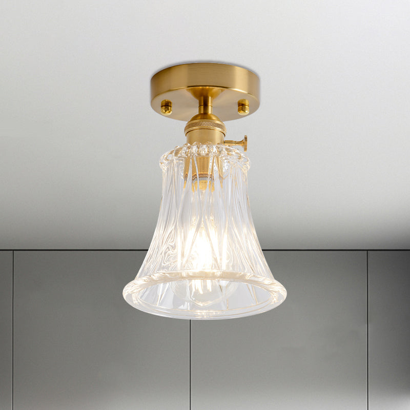 Cone/Cylinder/Bell Corridor Semi Flush Industrial Clear Textured Glass Single Light Gold Ceiling Lighting Gold E Clearhalo 'Ceiling Lights' 'Close To Ceiling Lights' 'Close to ceiling' 'Semi-flushmount' Lighting' 1207608