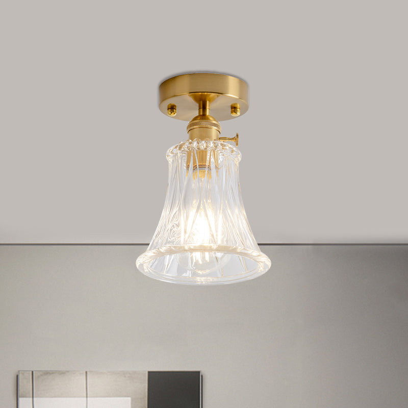 Cone/Cylinder/Bell Corridor Semi Flush Industrial Clear Textured Glass Single Light Gold Ceiling Lighting Clearhalo 'Ceiling Lights' 'Close To Ceiling Lights' 'Close to ceiling' 'Semi-flushmount' Lighting' 1207609